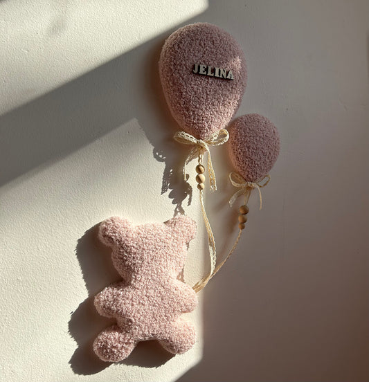 Gepersonaliseerde set teddybeer & ballonnen wanddecoratie | 3-delige set